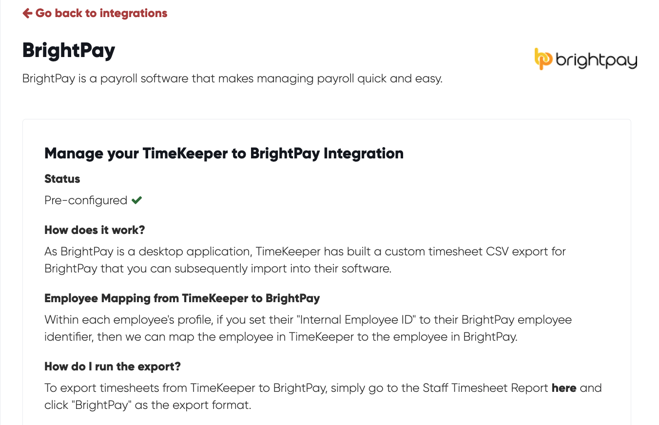 TimeKeeper BrightPay integration with Timesheets
