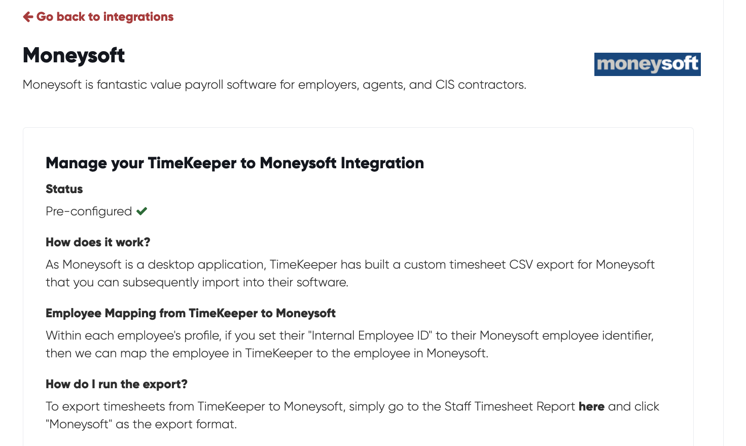 TimeKeeper Moneysoft integration with Timesheets